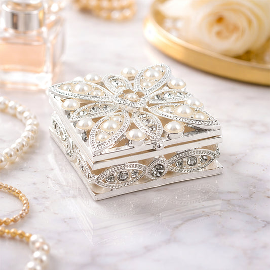 Silver pearl square jewellery box on vanity table decor