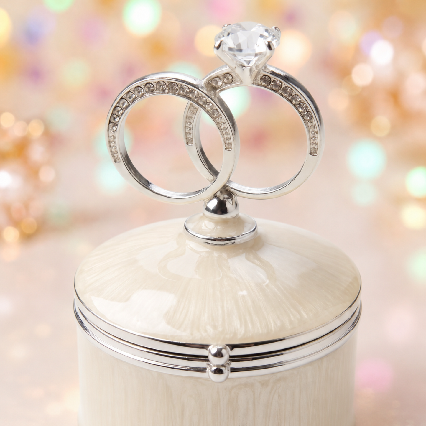 Close-up of sparkling crystal and double wedding rings design on jewellery box