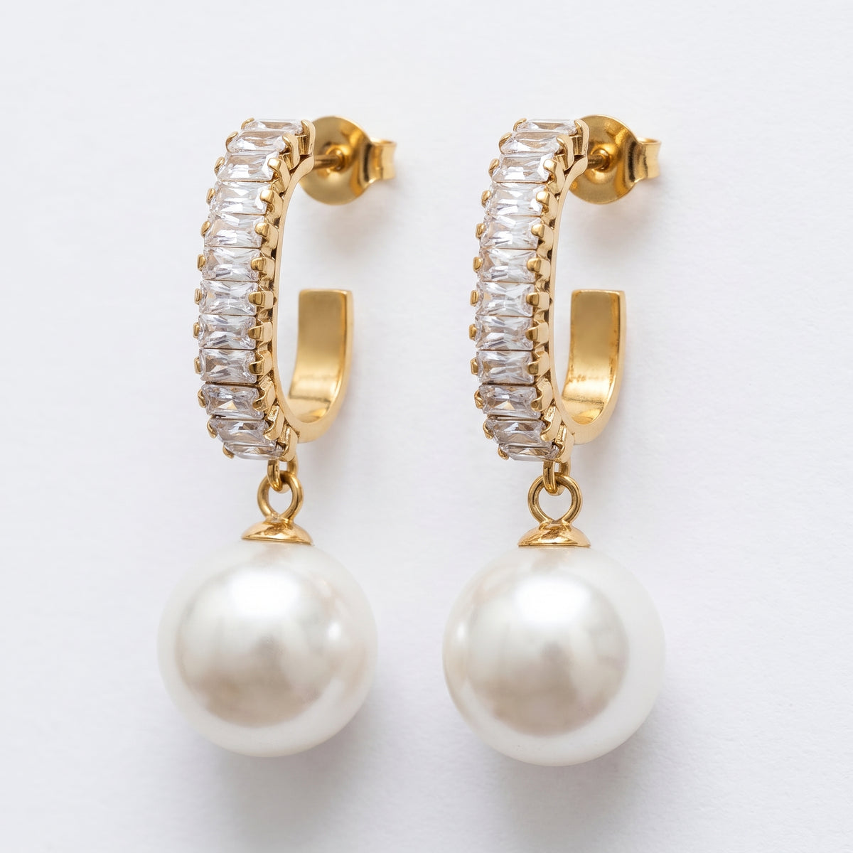 Close-up of Statement Sparkling Baguette Pearl Drop Earrings 