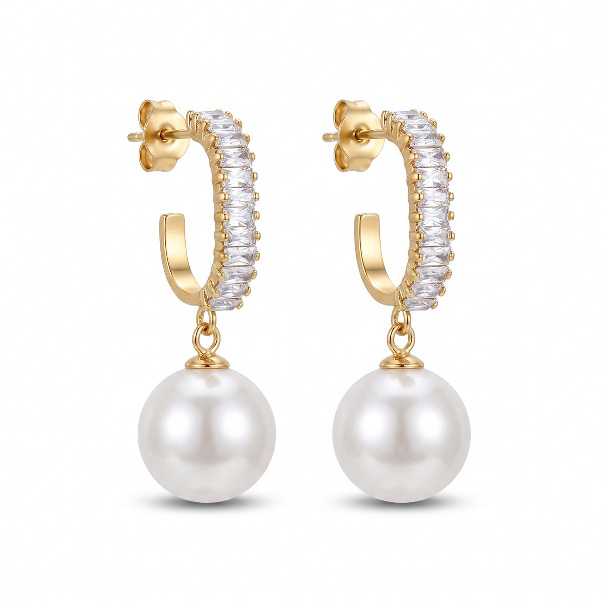 Front view of Statement Sparkling Baguette Pearl Drop Earrings with sparkling gold-tone hoops and round pearl drops