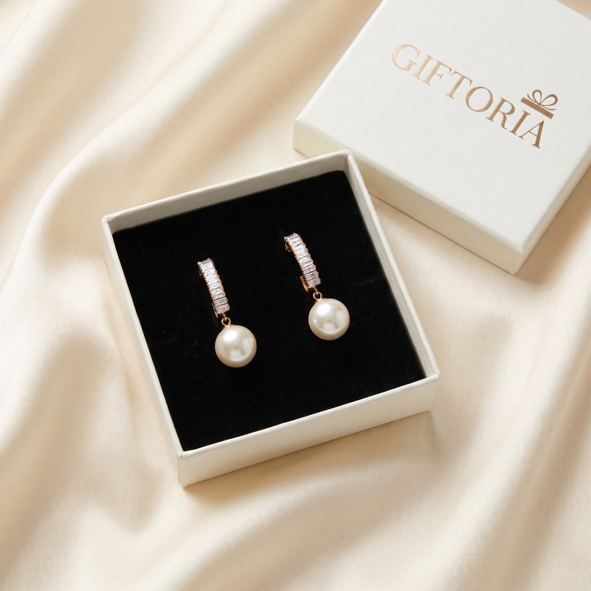 Statement Sparkling Baguette Pearl Drop Earrings presented in a Giftoria box