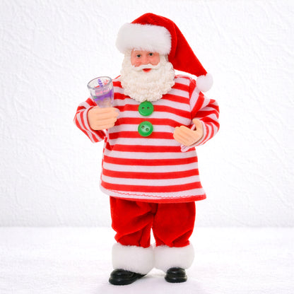 Santa Christmas ornament in red and white striped shirt holding a festive drink
