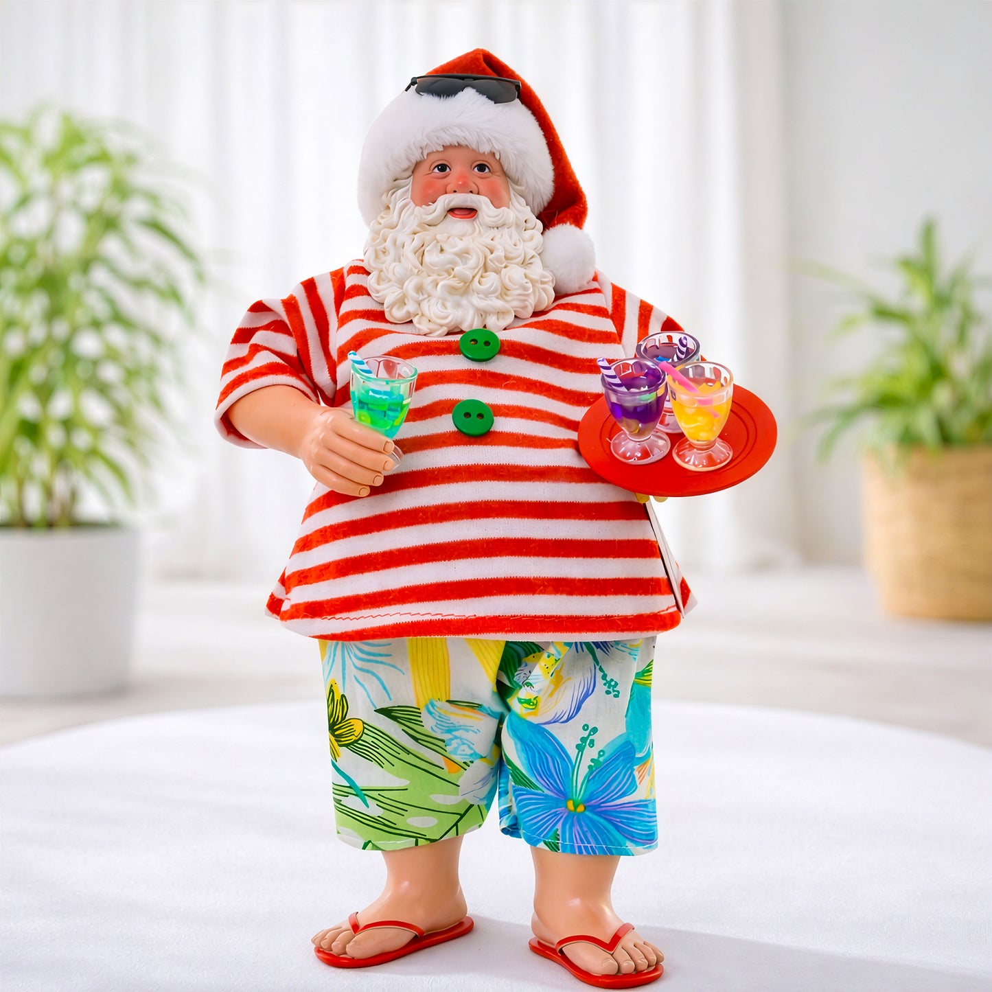 Striped shirt Santa figurine holding festive drinks, unique Australian Christmas decor