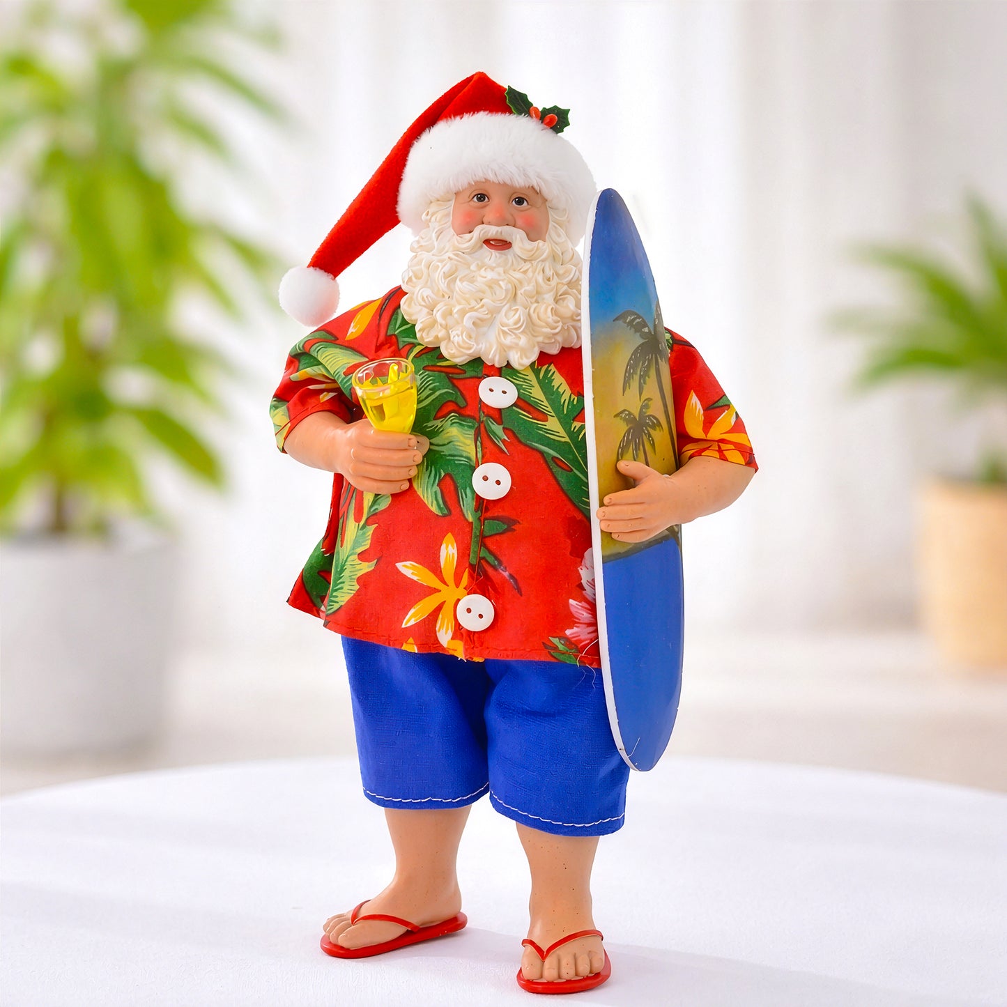 Surfboard Santa figurine inspired by Australian coastal Christmas style