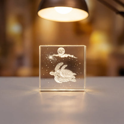 Turtle 3D engraved crystal cube keepsake, a lifelike crystal gift for ocean lovers
