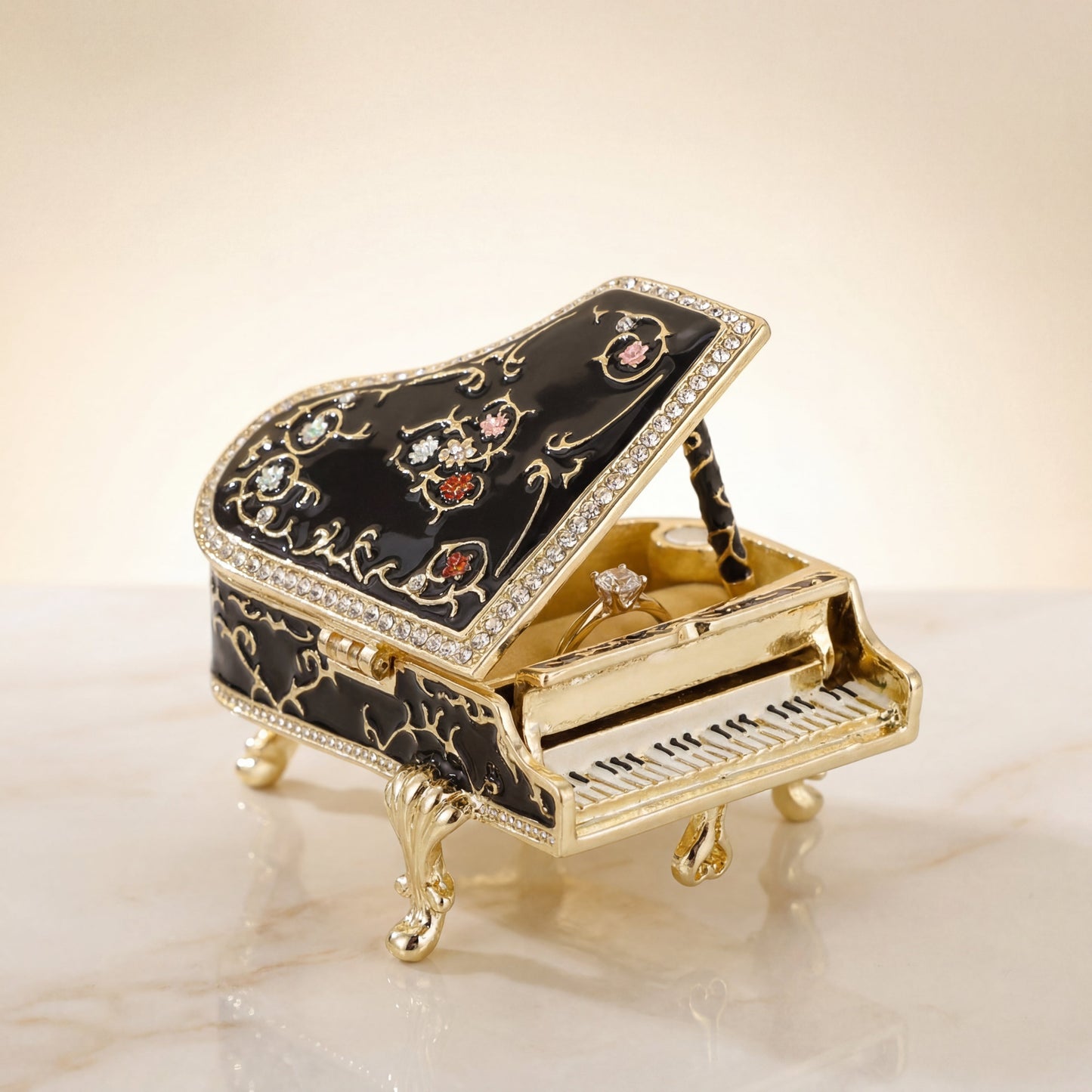 Vintage black piano jewellery box with enamel detail, a decorative gift box for jewellery lovers and music lovers in Australia.
