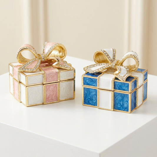 Vintage bow gift box enamel crystal jewellery box in pink and blue with gold details, a gift-ready jewellery storage box for her.