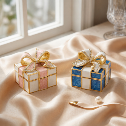 Pink and Blue gift box style enamel crystal jewellery box for earrings and ring storage, vintage jewellery keepsake box gift for her