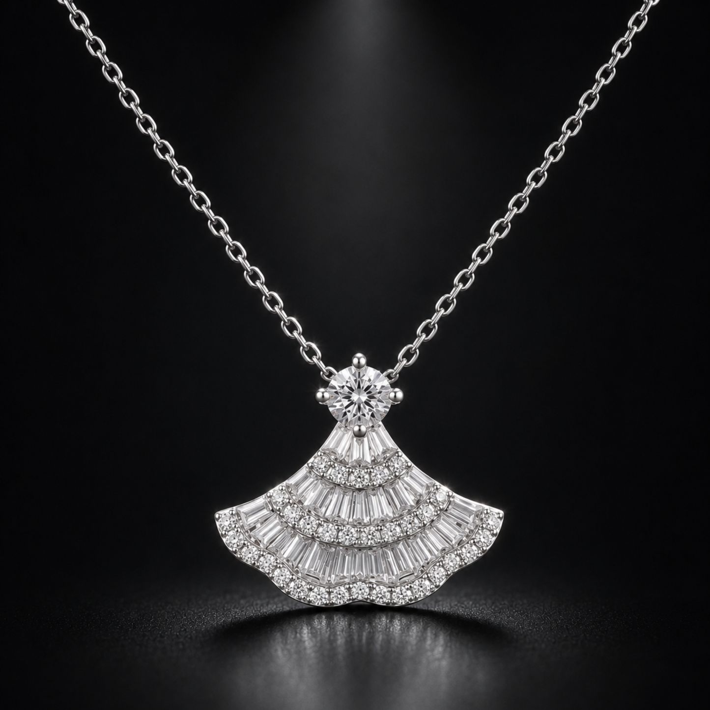 925 sterling silver vintage fan pendant necklace in black background, elegant gift for her