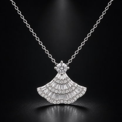925 sterling silver vintage fan pendant necklace in black background, elegant gift for her