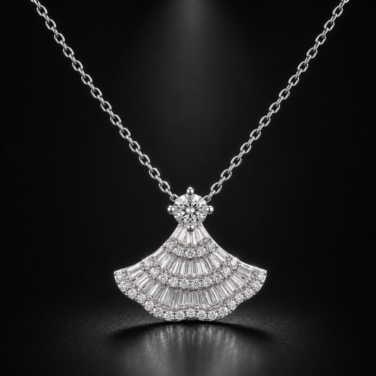 925 sterling silver vintage fan pendant necklace in black background, elegant gift for her