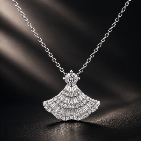 925 sterling silver vintage fan pendant necklace in black background, elegant gift for her