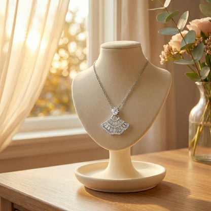 925 sterling silver vintage fan pendant necklace displayed on a jewellery stand in a soft elegant lifestyle setting