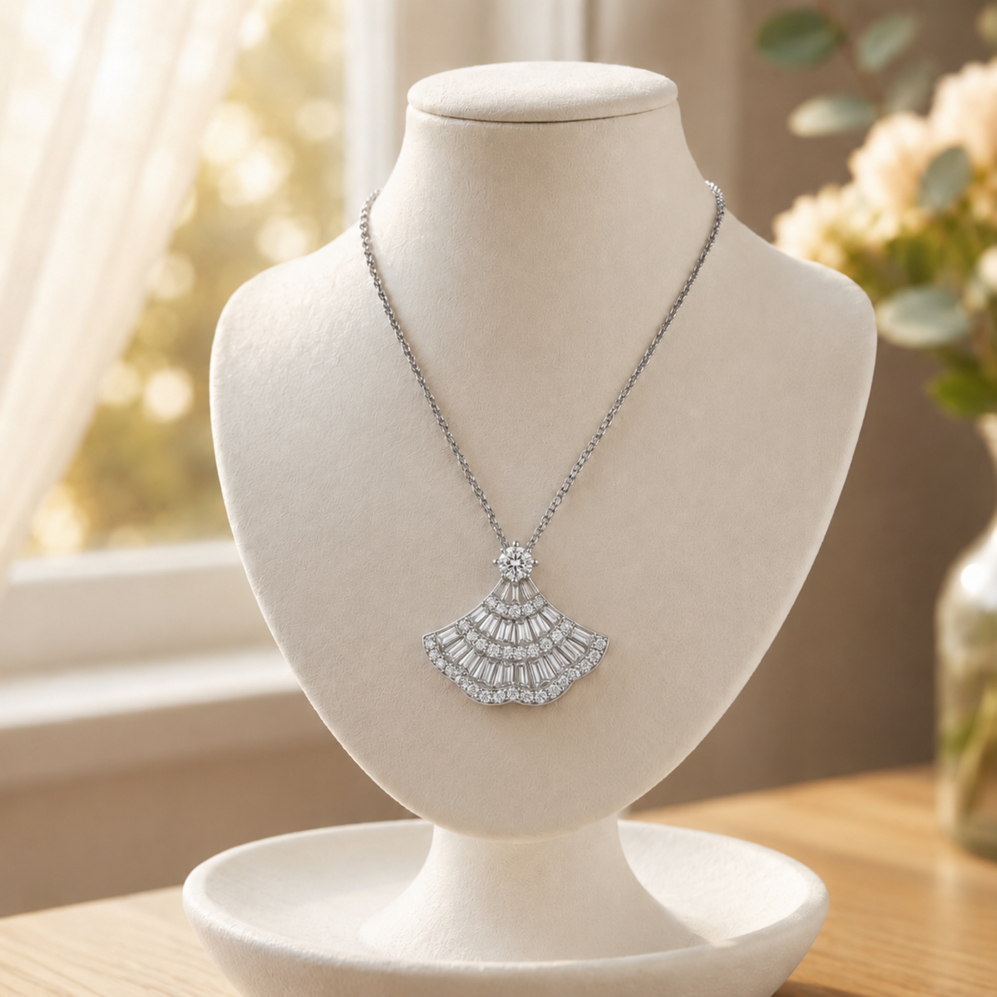 925 Sterling Silver Vintage Fan Pendant Necklace displayed on a white jewelry bust. The necklace is photographed in a softly lit indoor setting with a blurred window and flowers in the background.