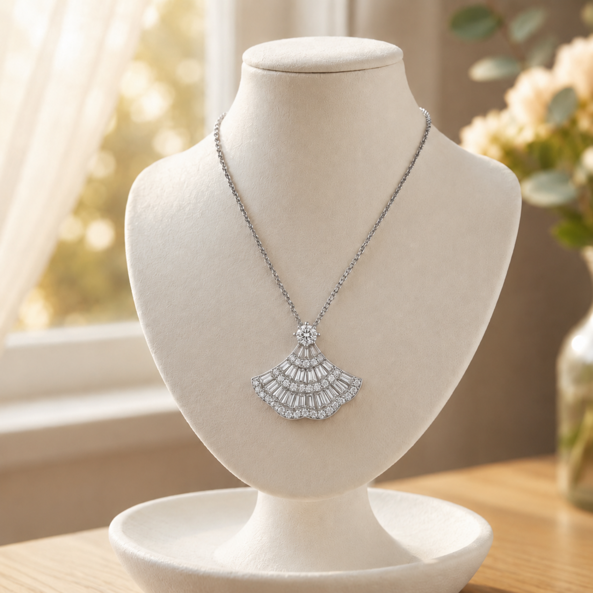925 Sterling Silver Vintage Fan Pendant Necklace displayed on a white jewelry bust. The necklace is photographed in a softly lit indoor setting with a blurred window and flowers in the background.