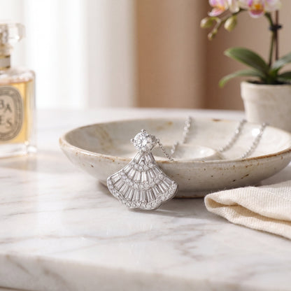 925 sterling silver vintage fan pendant necklace displayed on a table in a soft elegant lifestyle setting