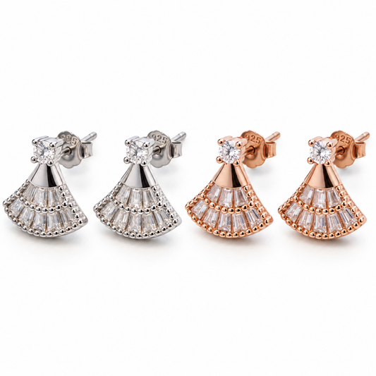 Silver and rose gold colour options for the Vintage Fan Moissanite 925 Sterling Silver Stud Earrings.