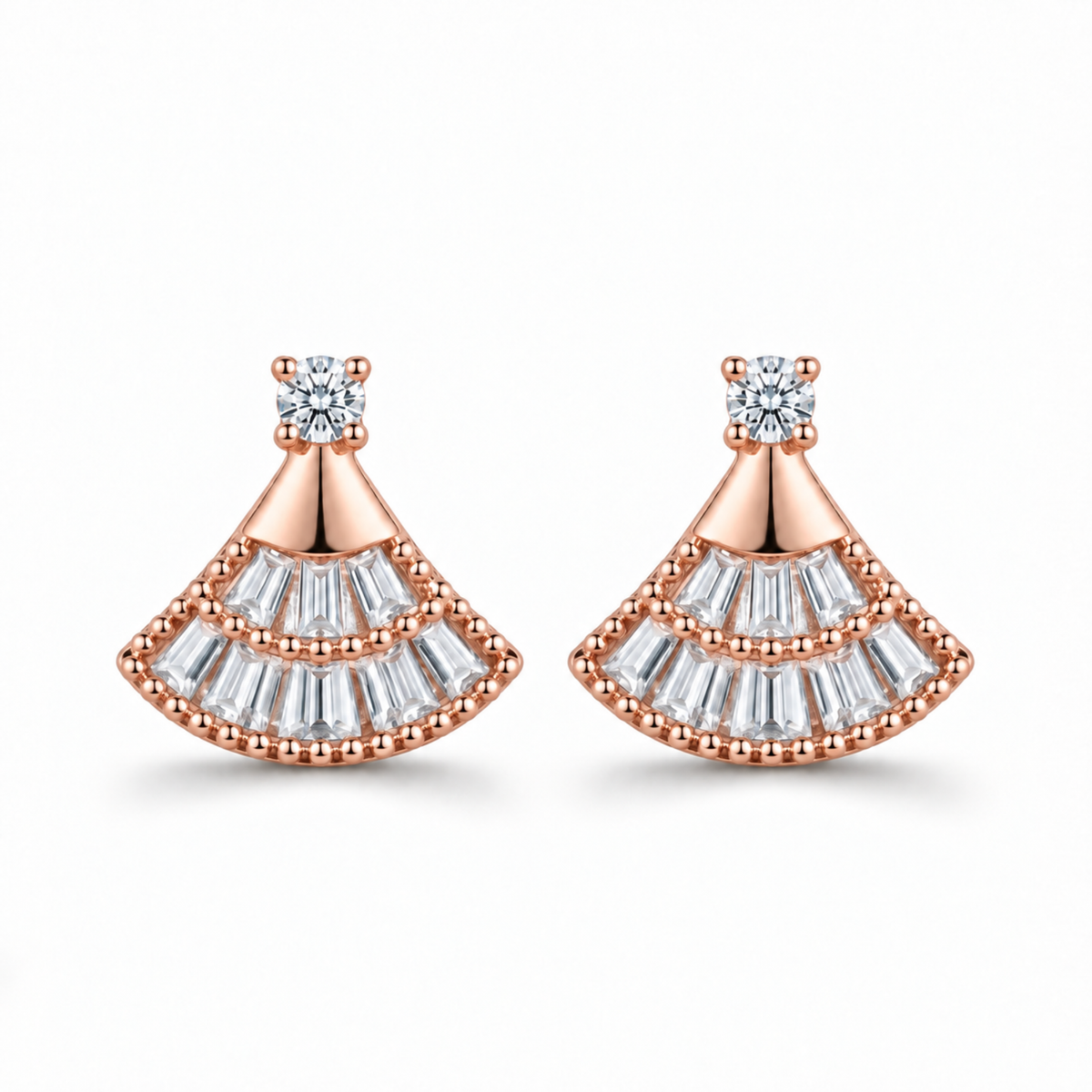 Front view of the rose gold fan-shaped moissanite stud earrings on a white background.