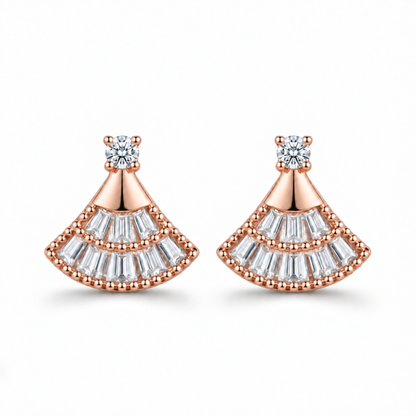 Front view of the rose gold fan-shaped moissanite stud earrings on a white background.