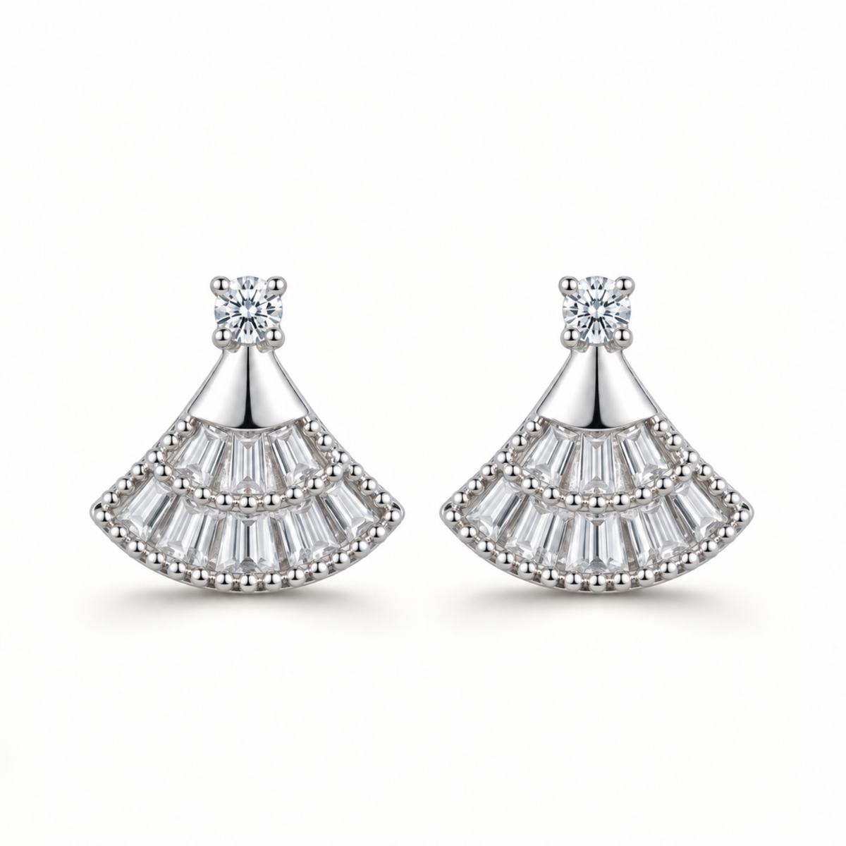 Front view of the silver fan-shaped moissanite stud earrings on a white background.