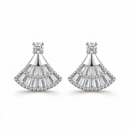 Front view of the silver fan-shaped moissanite stud earrings on a white background.