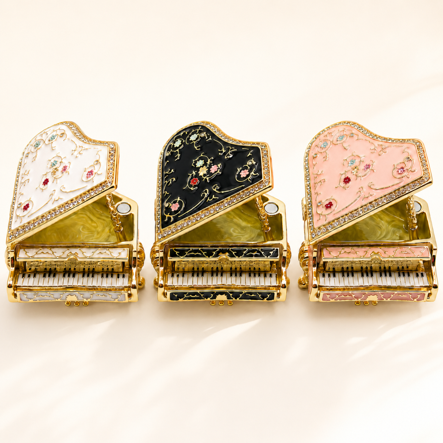 Vintage floral grand piano jewellery boxes in black, white and pink