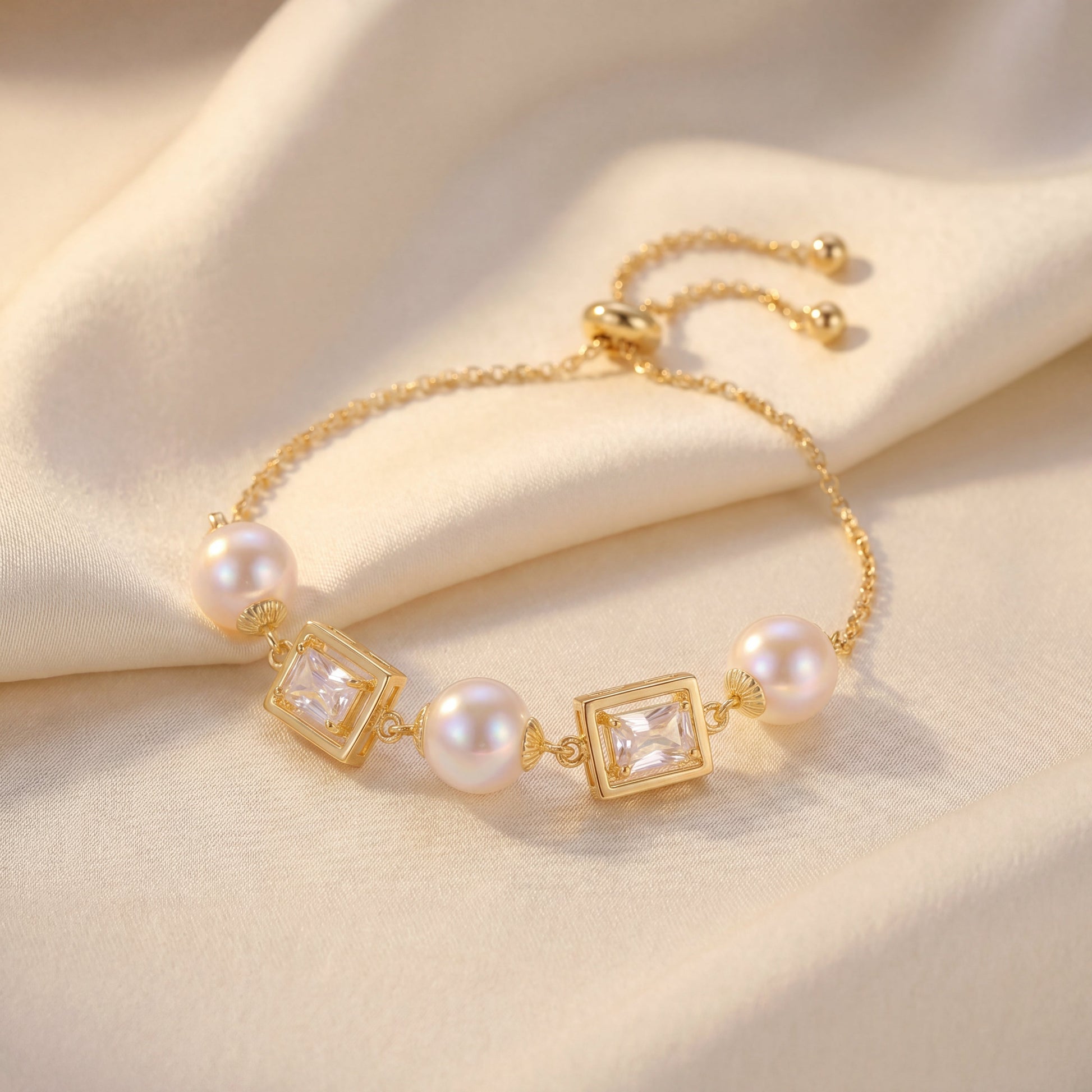 Vintage pearl square cubic zirconia gold bracelet angled view on soft neutral fabric