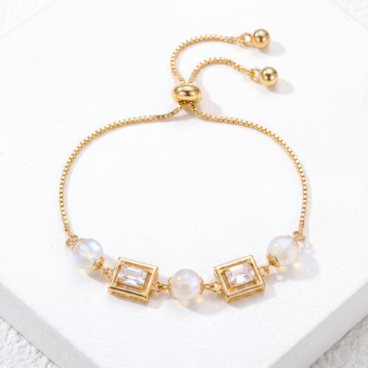 Vintage pearl square cubic zirconia gold bracelet in an adjustable gold finish front view