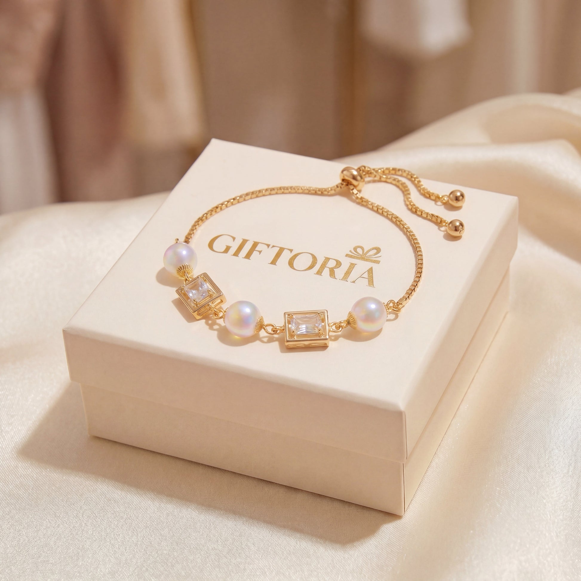 Gift ready vintage pearl square cubic zirconia gold bracelet displayed on branded box