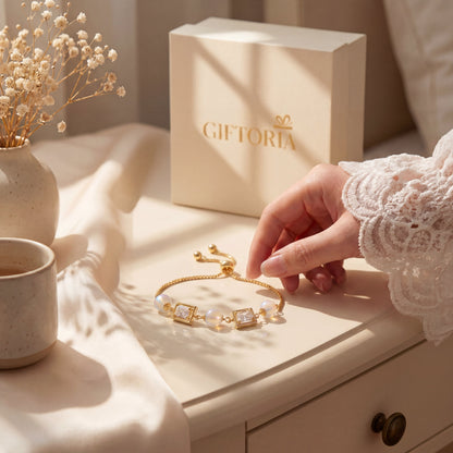 Vintage pearl square cubic zirconia gold bracelet in a soft lifestyle gift setting