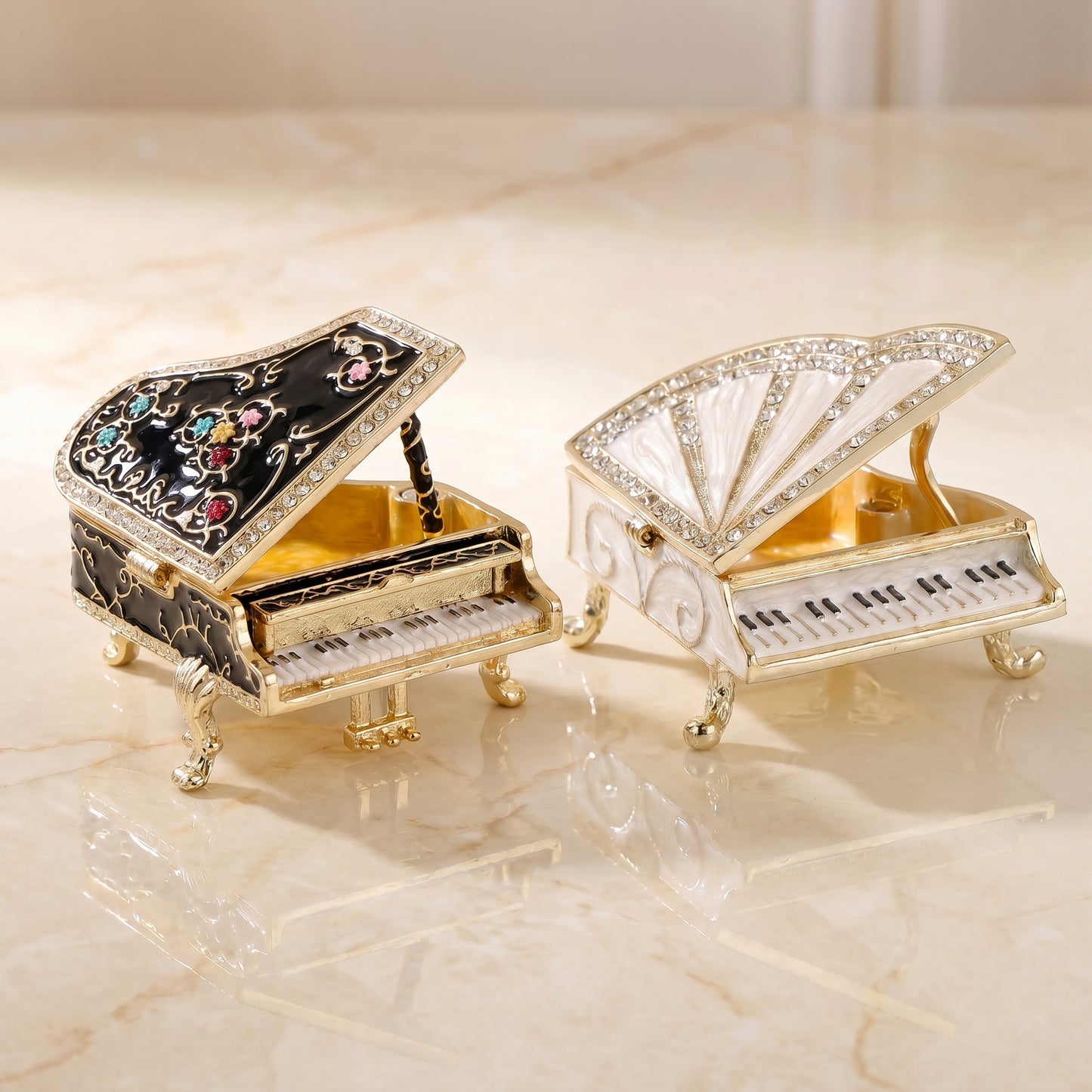 Black and white piano jewellery boxes, decorative keepsake boxes for jewellery and thoughtful gifts for music lovers.