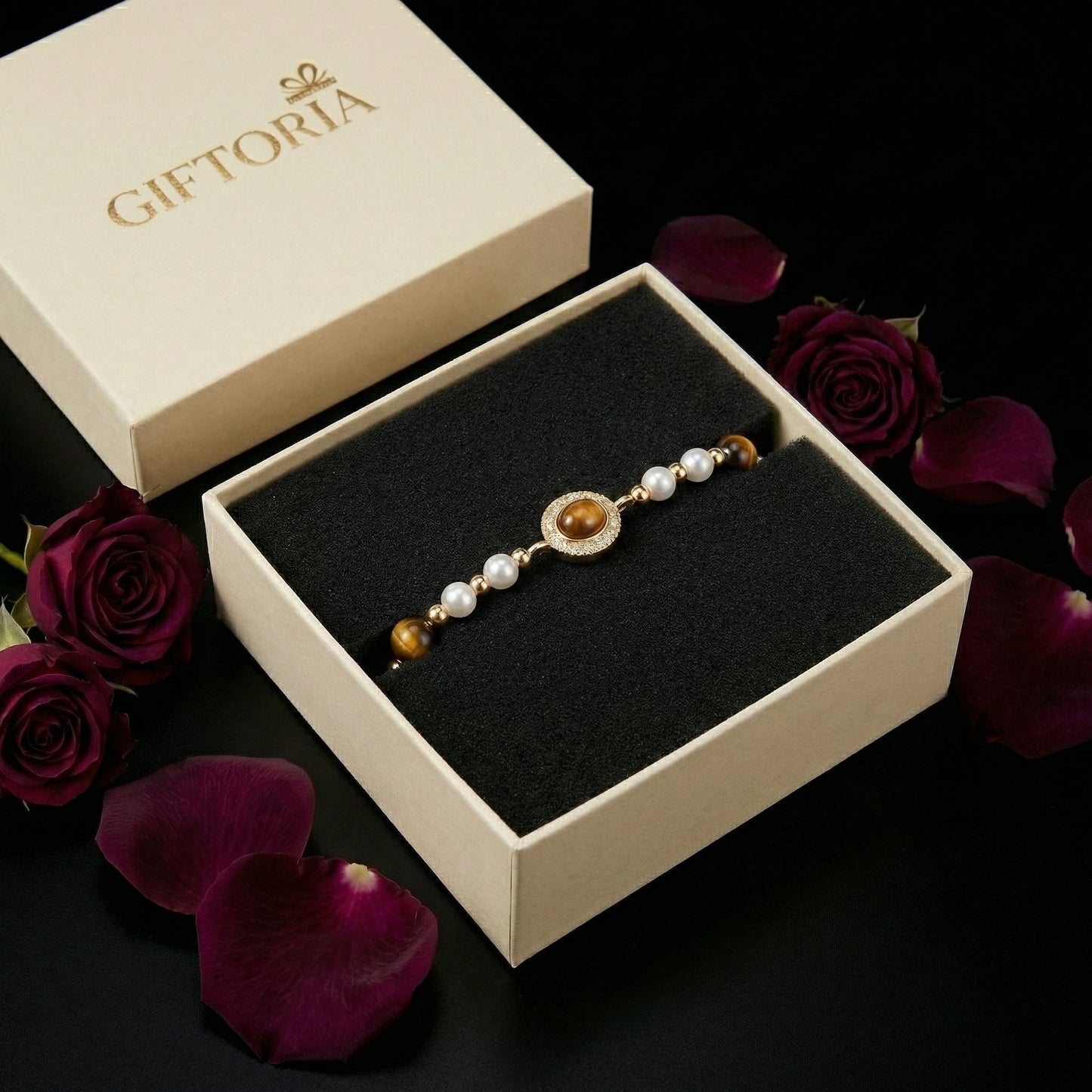 Vintage Tiger’s Eye & Pearl Gold Tone Bracelet presented in Giftoria gift box, ideal gift for her in Australia