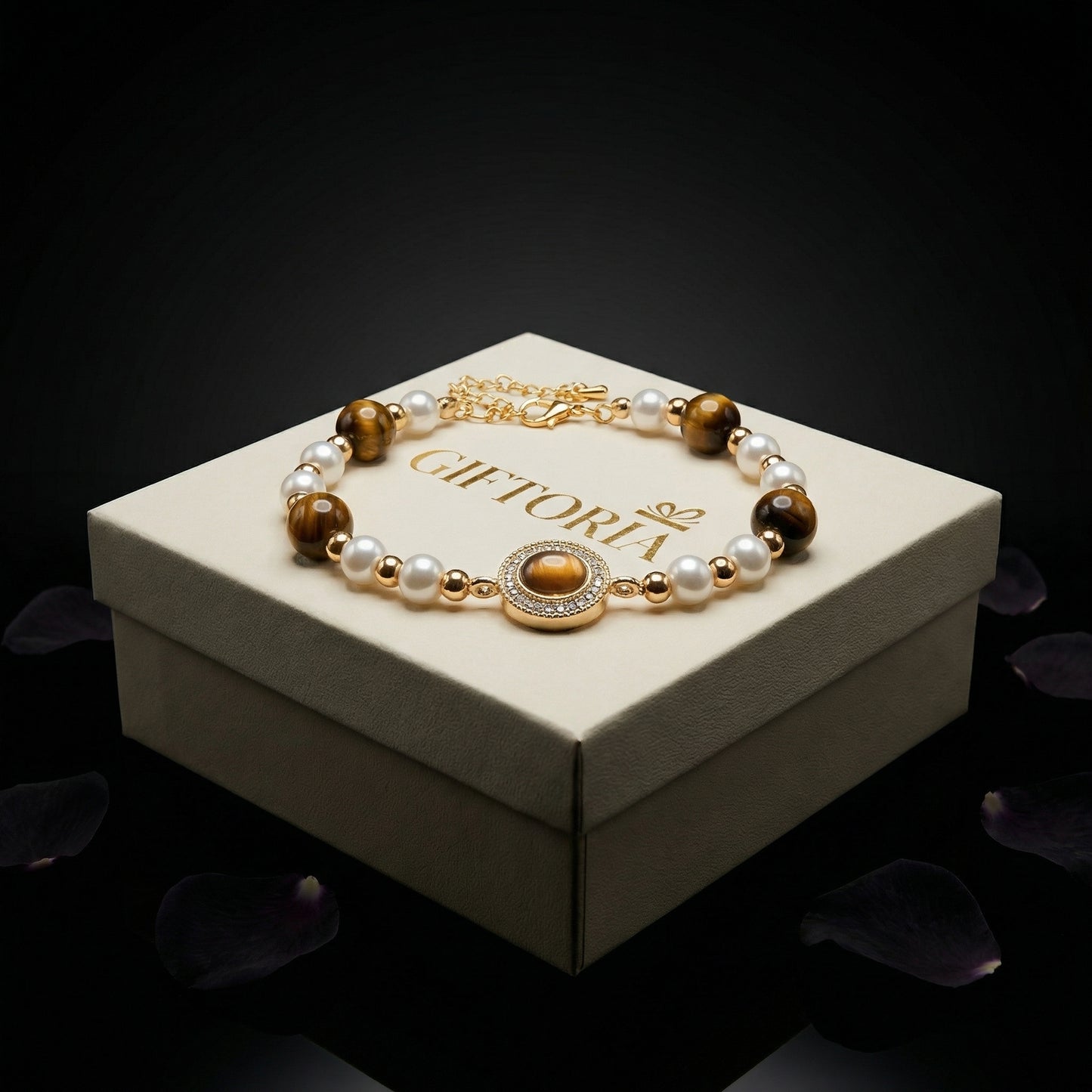 Vintage Tiger’s Eye & Pearl Gold Tone Bracelet displayed on Giftoria jewellery box with pearl beads and tiger’s eye stones
