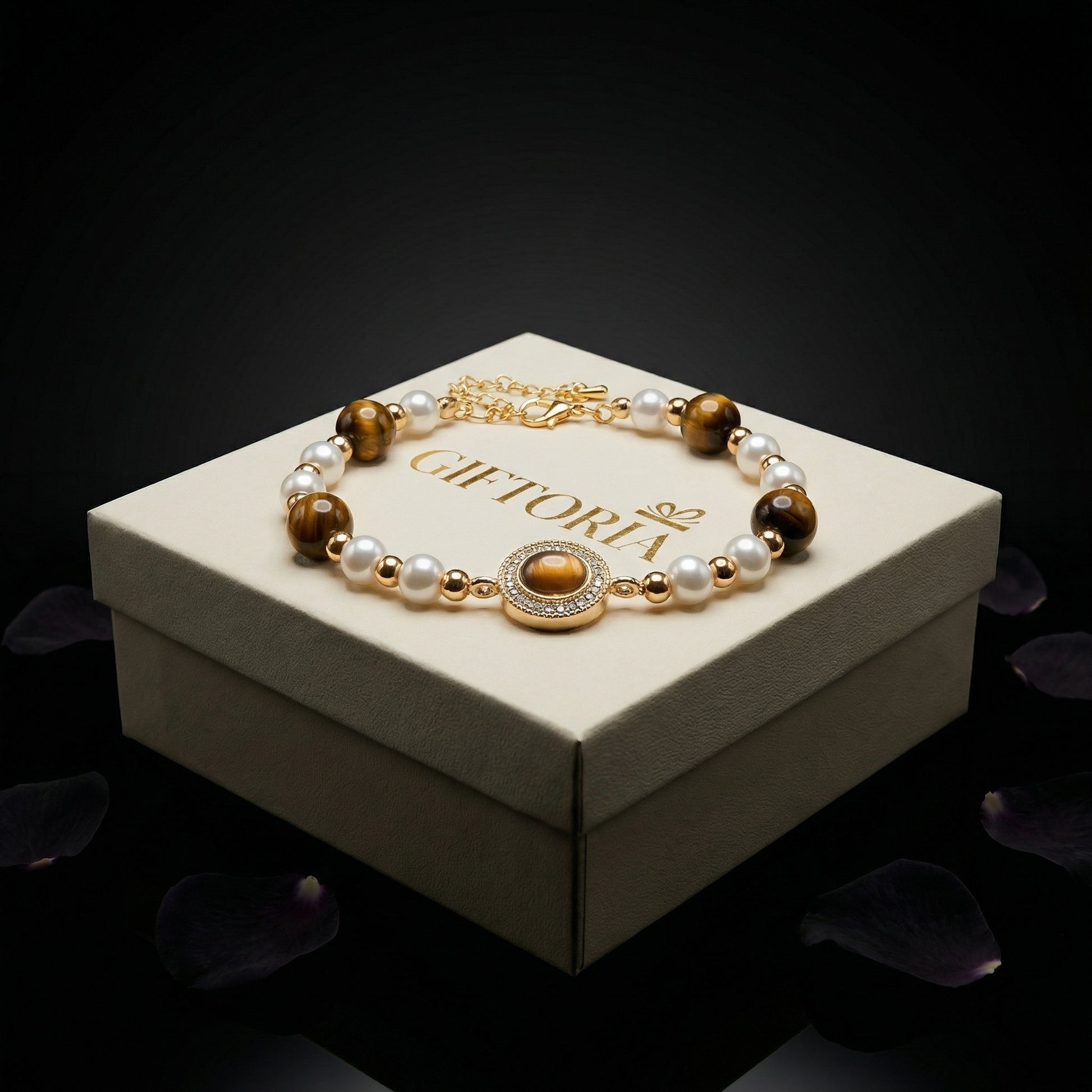 Vintage Tiger’s Eye & Pearl Gold Tone Bracelet displayed on Giftoria jewellery box with pearl beads and tiger’s eye stones