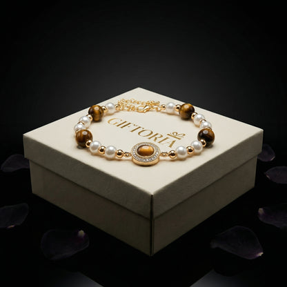 Vintage Tiger’s Eye & Pearl Gold Tone Bracelet displayed on Giftoria jewellery box with pearl beads and tiger’s eye stones