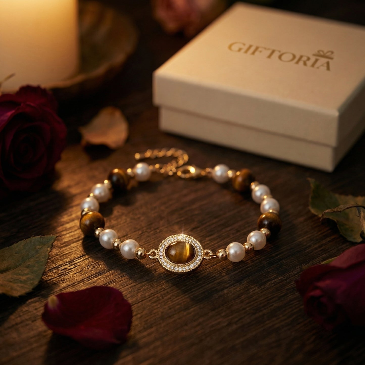 Vintage Tiger’s Eye & Pearl Gold Tone Bracelet styled with roses and gift box in warm elegant flat lay setting