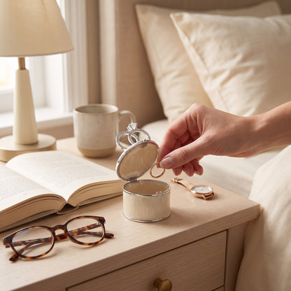 Elegant wedding rings jewellery box displayed on a warm bedside table