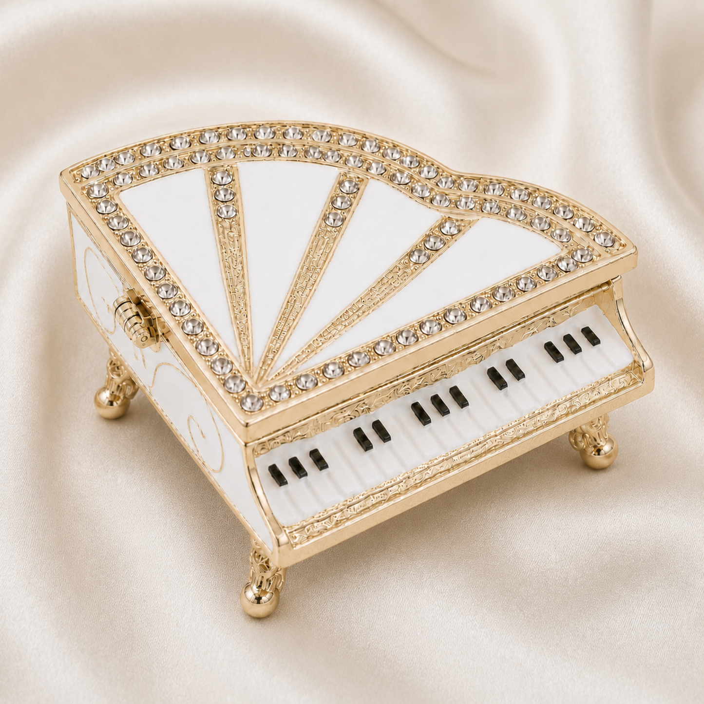 White Classic Crystal Grand Piano Jewellery Box with sparkling details
