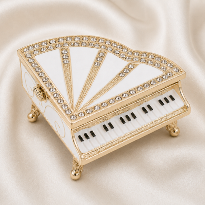 White Classic Crystal Grand Piano Jewellery Box with sparkling details