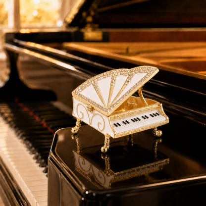 White crystal grand piano jewellery box displayed on a real piano