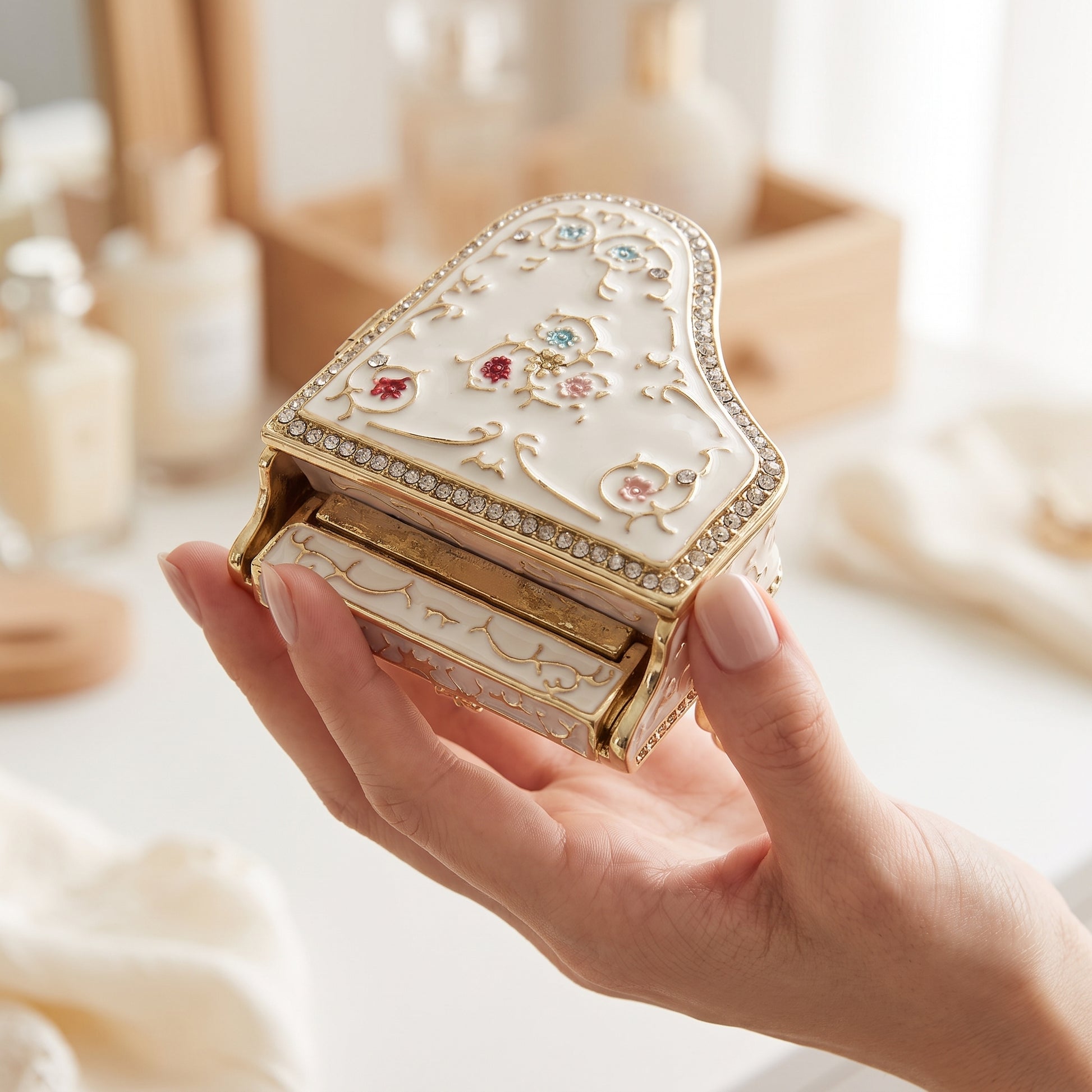 White floral grand piano jewellery box held in a woman’s hand