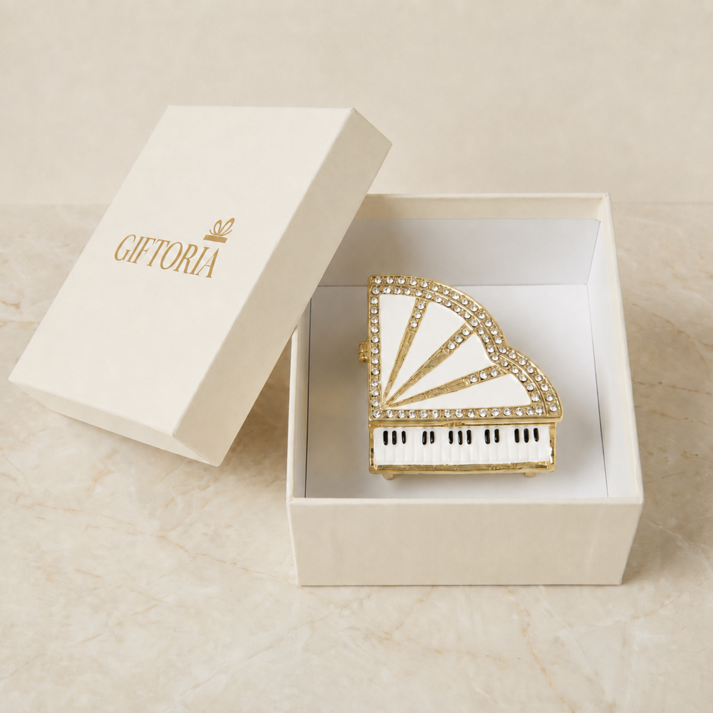 White grand piano jewellery box presented in a Giftoria gift box