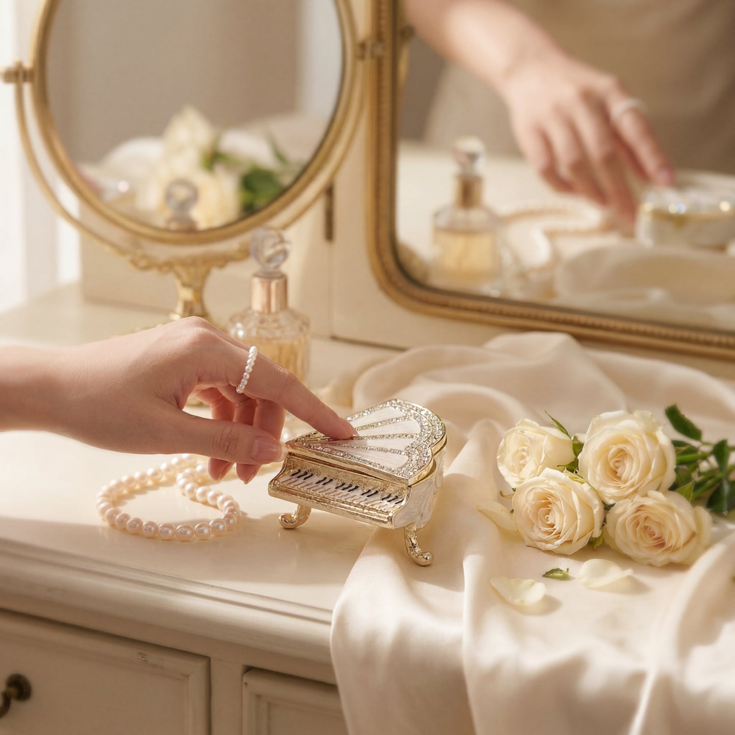 White piano jewellery box styled on a vanity table, a beautiful decorative gift for her and music lovers.