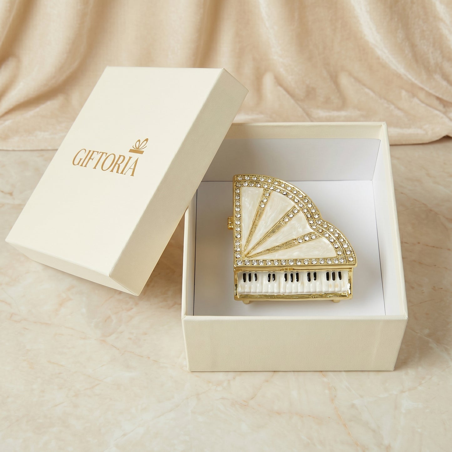 White piano jewellery box in elegant gift ready packaging, a thoughtful jewellery gift for her in Australia.