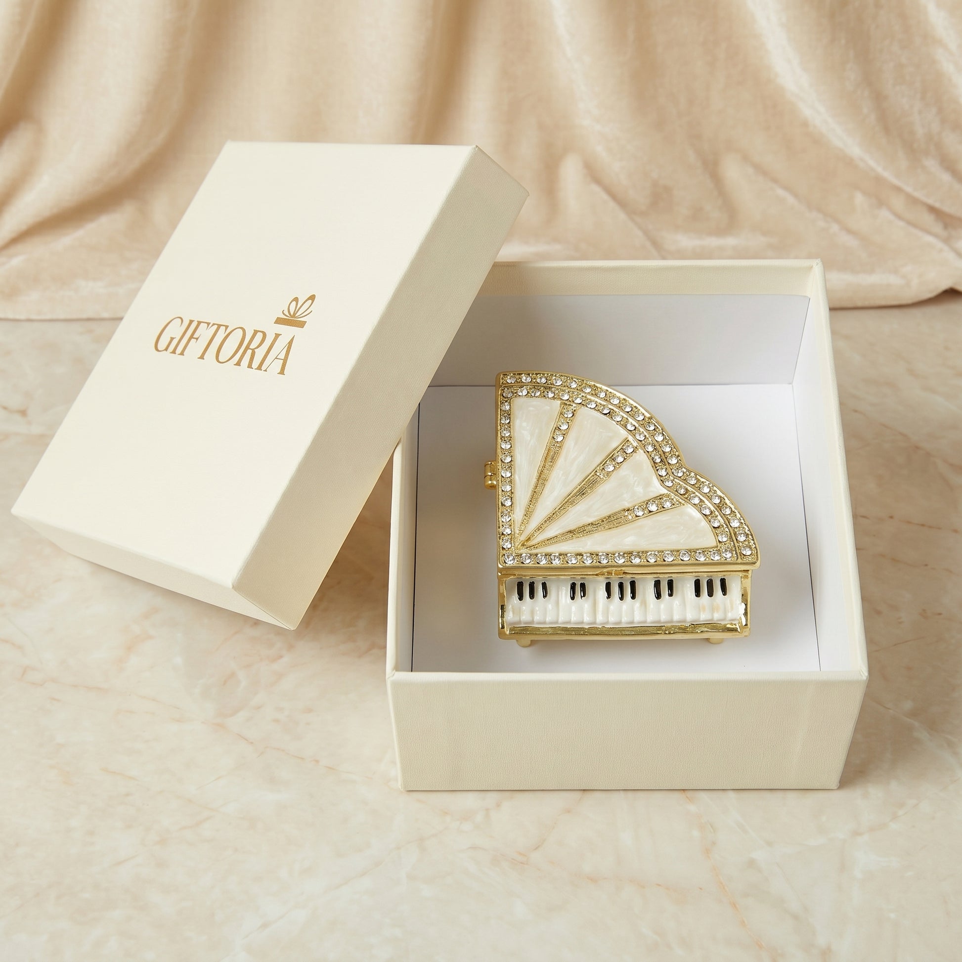 White piano jewellery box in elegant gift ready packaging, a thoughtful jewellery gift for her in Australia.