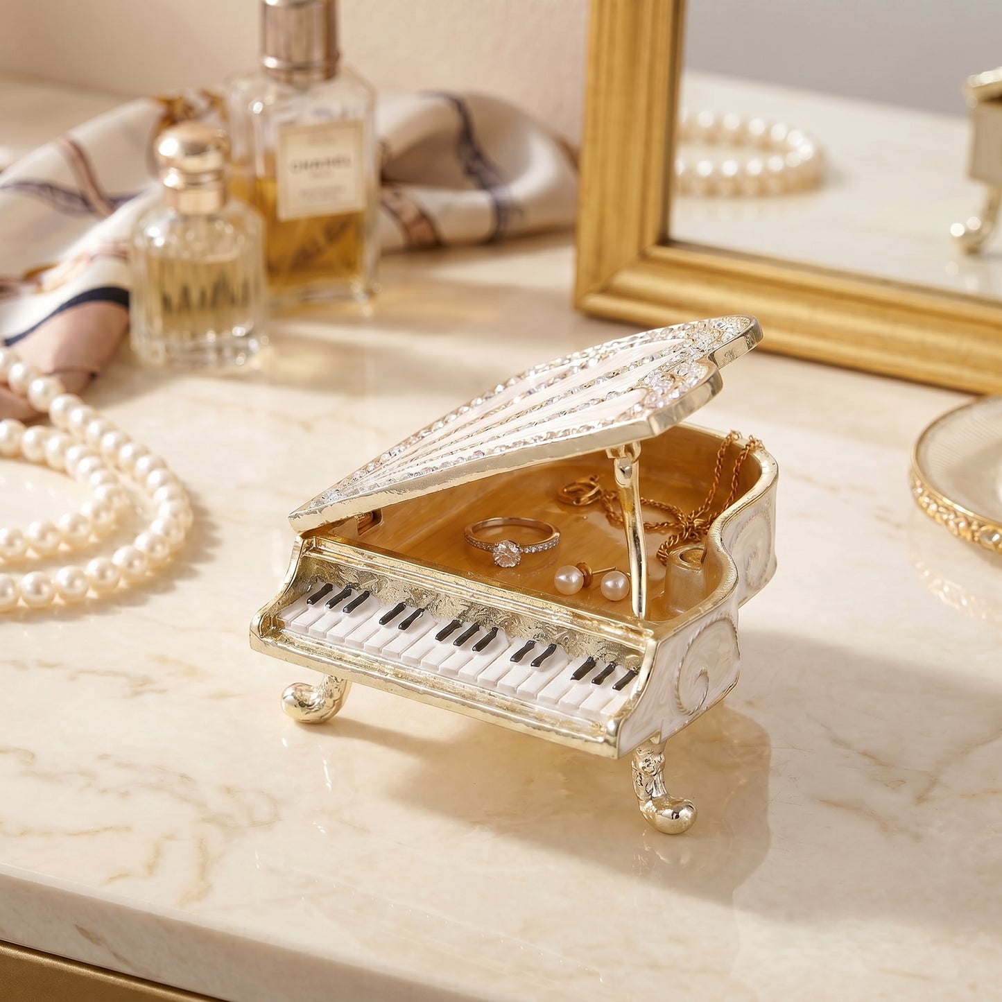 White piano jewellery box styled on a bedroom vanity, a pretty decorative gift for her.