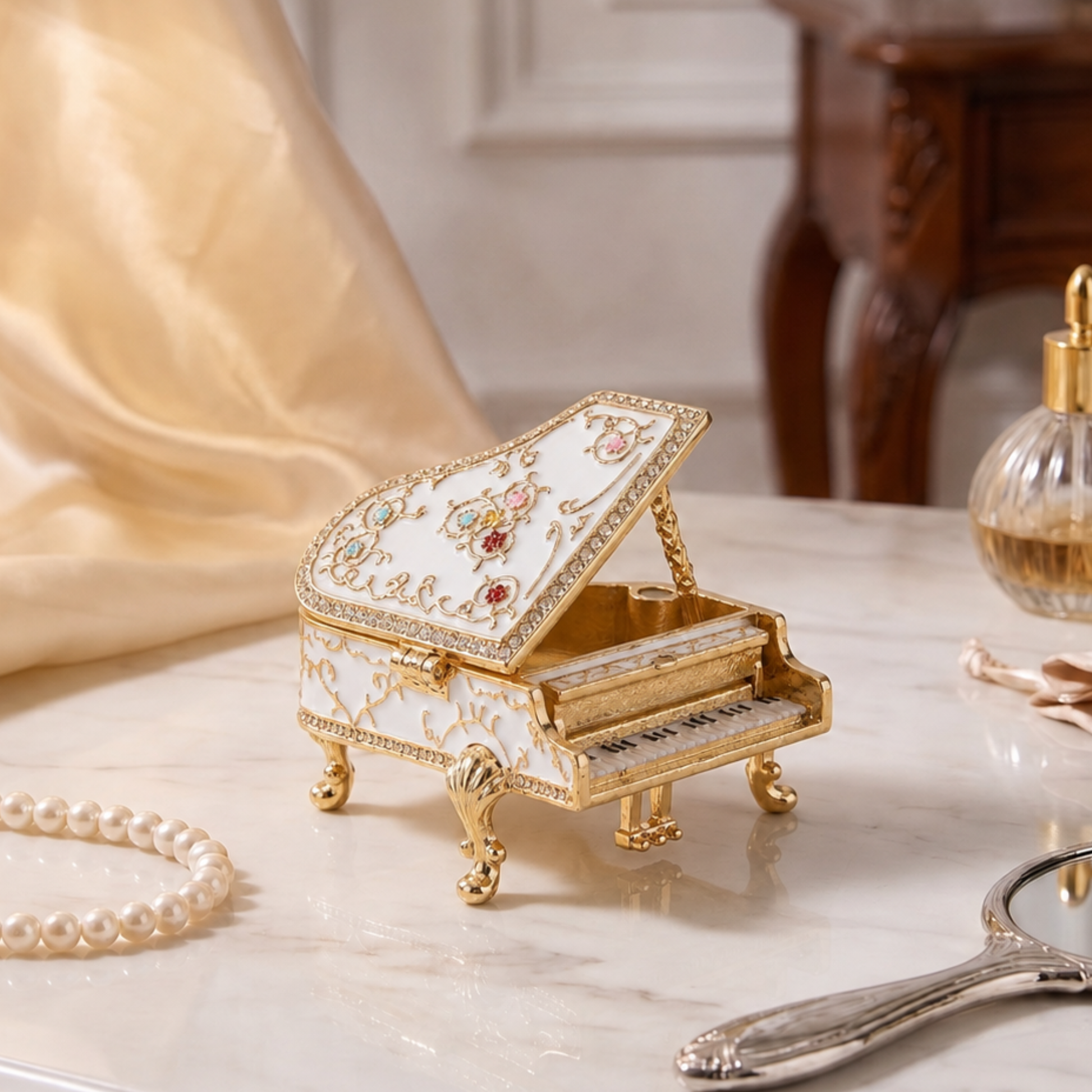 White vintage grand piano jewellery box styled on an elegant vanity
