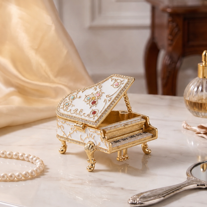 White vintage grand piano jewellery box styled on an elegant vanity