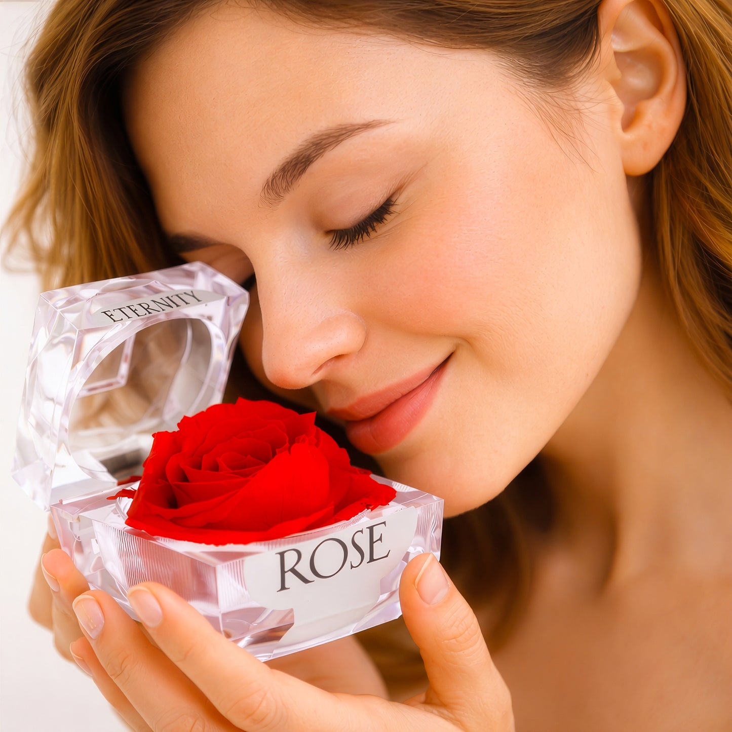 Woman holding everlasting rose gift box romantic preserved flower for her