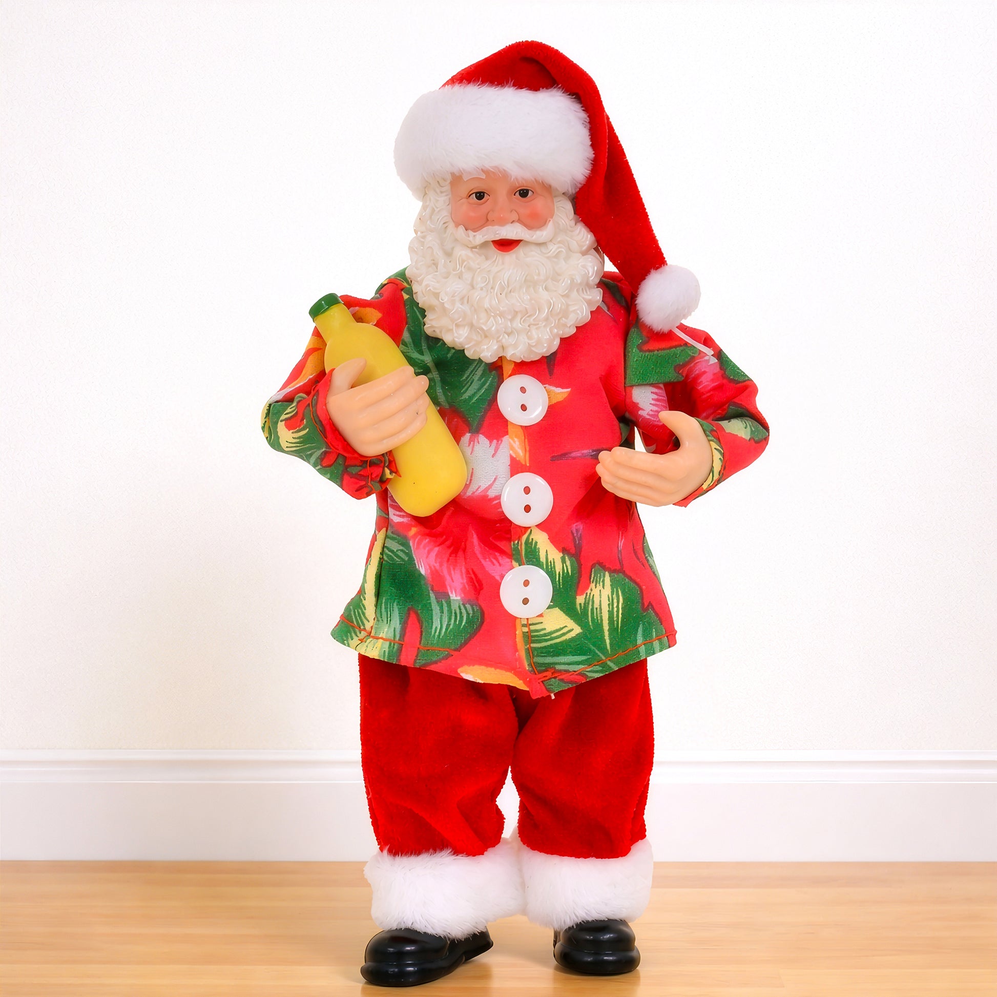 Santa Christmas ornament wearing tropical shirt holding a yellow bottle